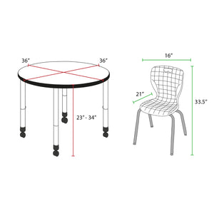 Kee Classroom Table and Chair Package, Kee 36" Round Mobile Adjustable Height Table with 4 Andy 18" Stack Chairs