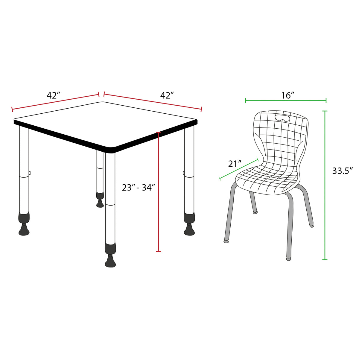 Kee Classroom Table and Chair Package, Kee 42" Square Adjustable Height Table with 4 Andy 18" Stack Chairs