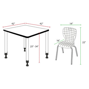 Kee Classroom Table and Chair Package, Kee 42" Square Adjustable Height Table with 4 Andy 12" Stack Chairs