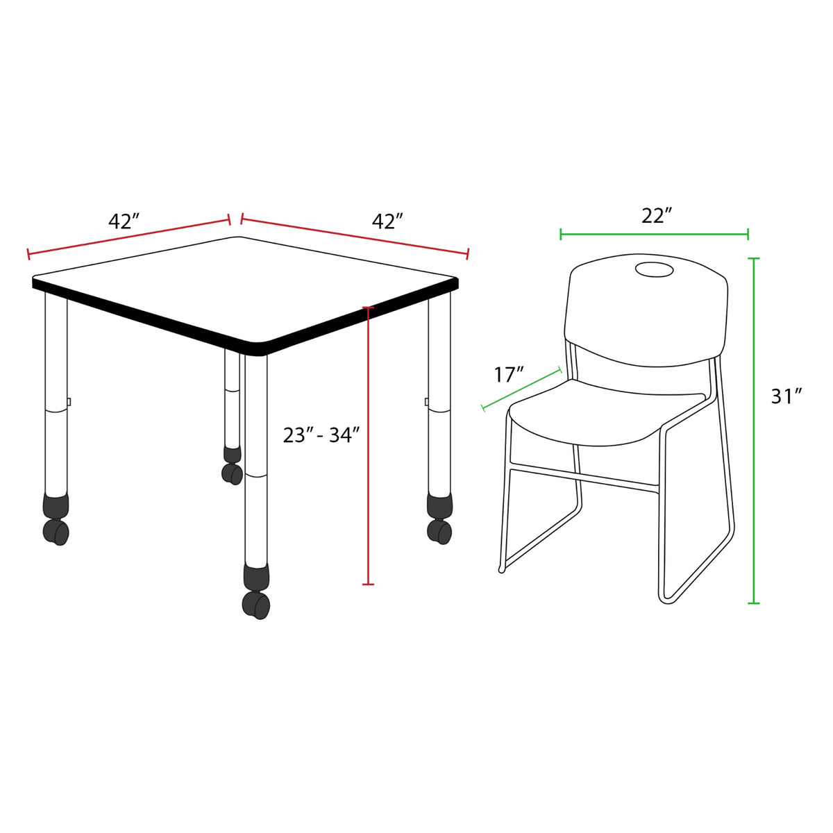 Kee Classroom Table and Chair Package, Kee 42" Square Mobile Adjustable Height Table with 4 Black Zeng Stack Chairs