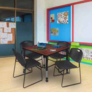 Kee Classroom Table and Chair Package, Kee 42" Square Mobile Adjustable Height Table with 4 Black Zeng Stack Chairs