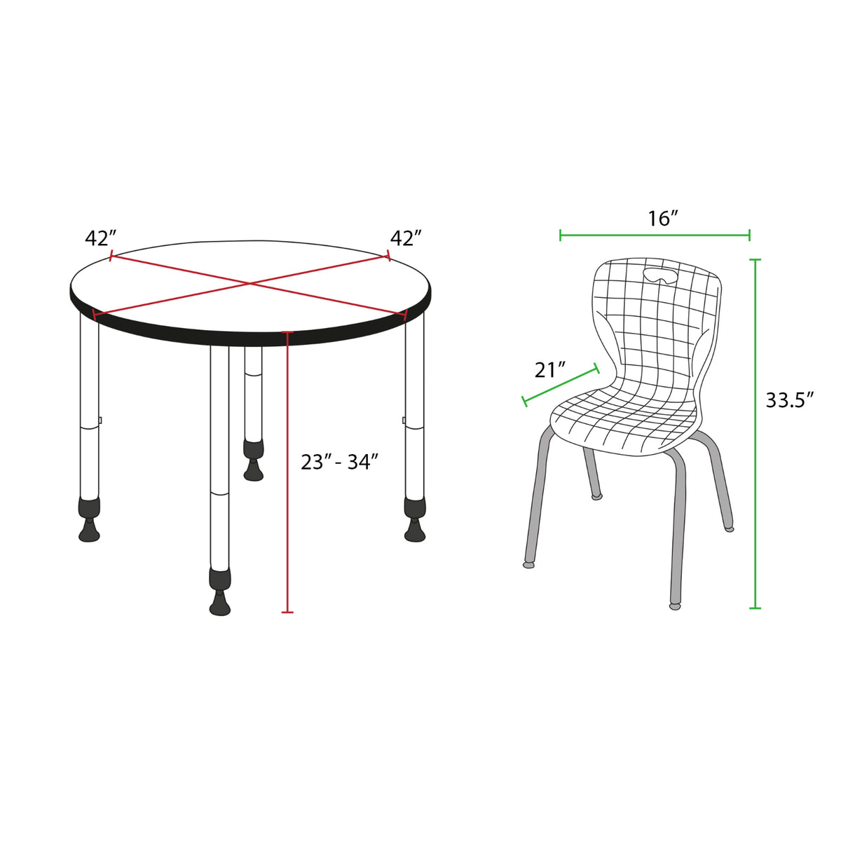Kee Classroom Table and Chair Package, Kee 42" Round Adjustable Height Table with 4 Andy 18" Stack Chairs