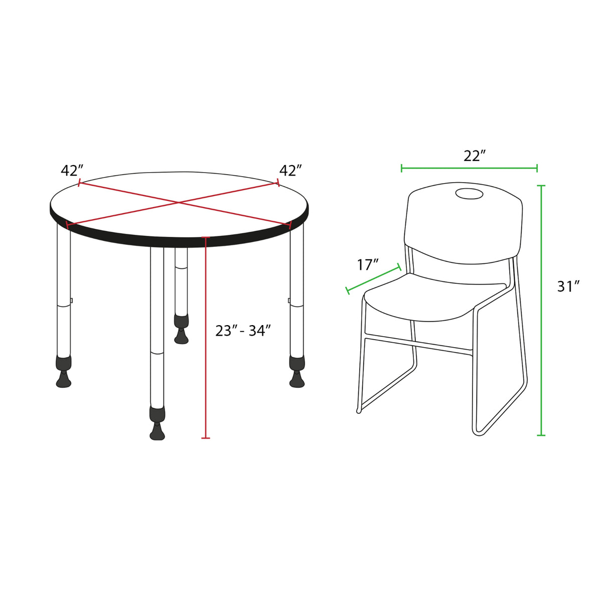 Kee Classroom Table and Chair Package, Kee 42" Round Adjustable Height Table with 4 Black Zeng Stack Chairs