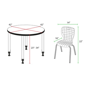 Kee Classroom Table and Chair Package, Kee 42" Round Adjustable Height Table with 4 Andy 12" Stack Chairs