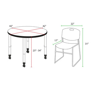 Kee Classroom Table and Chair Package, Kee 42" Round Mobile Adjustable Height Table with 4 Black Zeng Stack Chairs