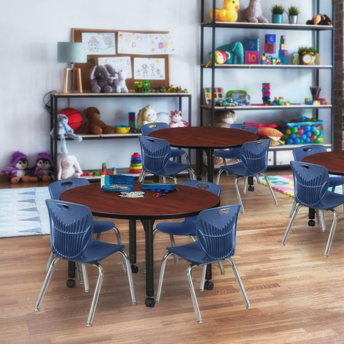 Kee Classroom Table and Chair Package, Kee 42" Round Mobile Adjustable Height Table with 4 Andy 12" Stack Chairs