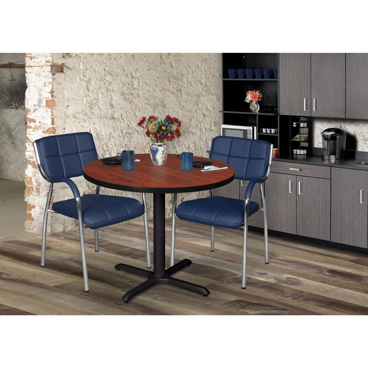 Cain 42" Round X-Base Breakroom Table, 29" Dining Height