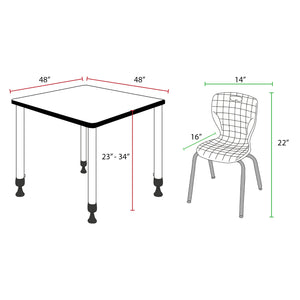 Kee Classroom Table and Chair Package, Kee 48" Square Adjustable Height Table with 4 Andy 12" Stack Chairs