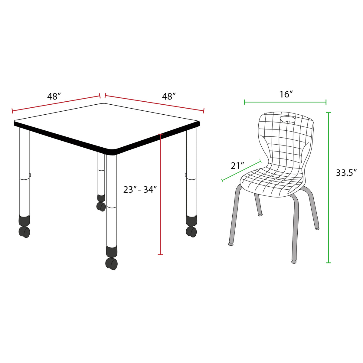 Kee Classroom Table and Chair Package, Kee 48" Square Mobile Adjustable Height Table with 4 Andy 18" Stack Chairs