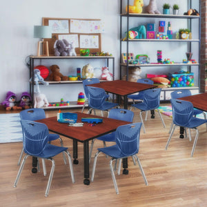 Kee Classroom Table and Chair Package, Kee 48" Square Mobile Adjustable Height Table with 4 Andy 12" Stack Chairs