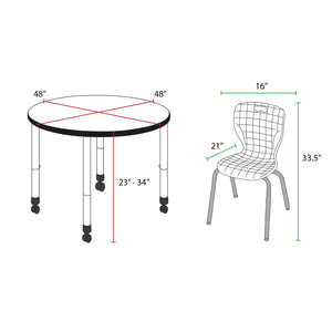 Kee Classroom Table and Chair Package, Kee 48" Round Mobile Adjustable Height Table with 4 Andy 18" Stack Chairs
