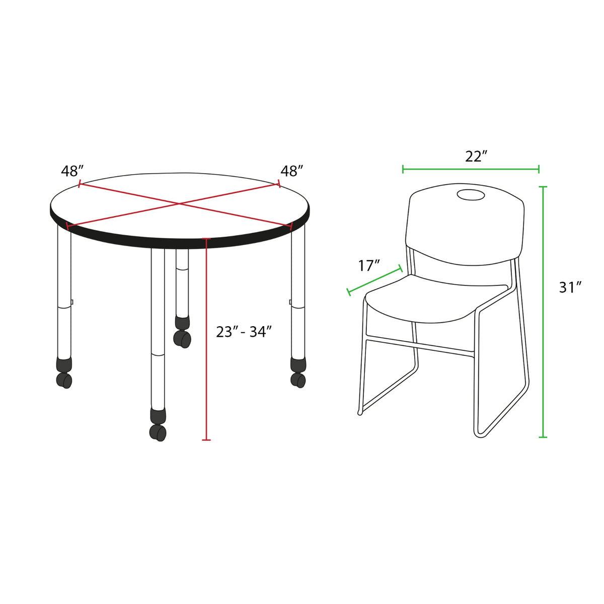 Kee Classroom Table and Chair Package, Kee 48" Round Mobile Adjustable Height Table with 4 Black Zeng Stack Chairs