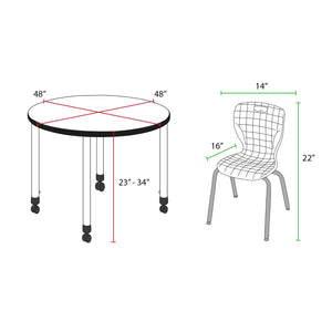 Kee Classroom Table and Chair Package, Kee 48" Round Mobile Adjustable Height Table with 4 Andy 12" Stack Chairs