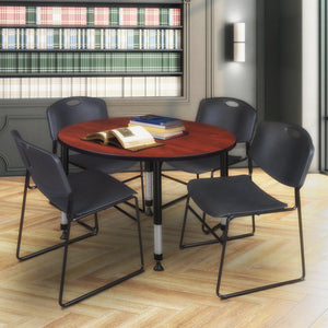 Kee Classroom Table and Chair Package, Kee 48" Round Adjustable Height Table with 4 Black Zeng Stack Chairs