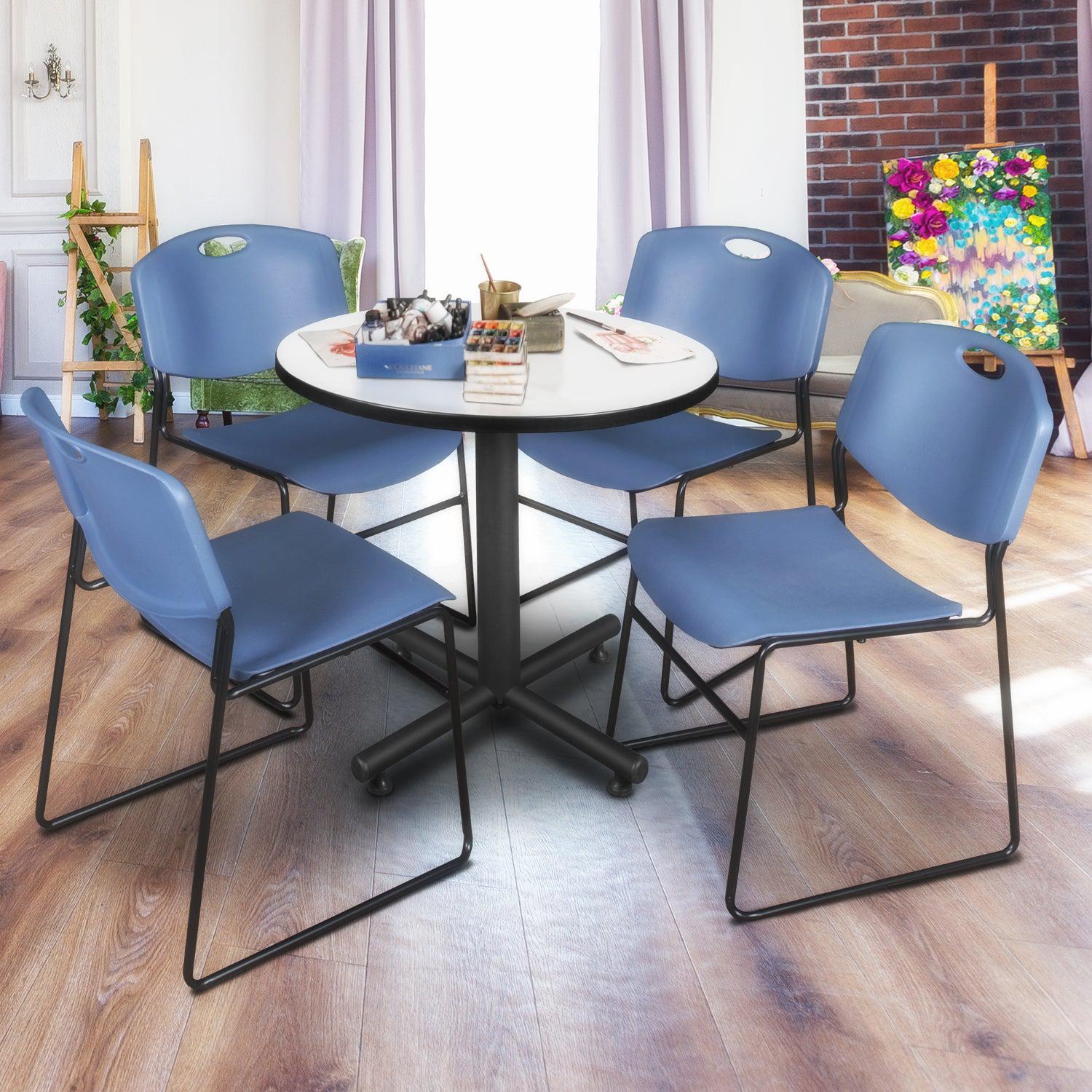 Kobe Round Breakroom Table and Chair Package, Kobe 30" Round X-Base Breakroom Table with 4 Zeng Stack Chairs