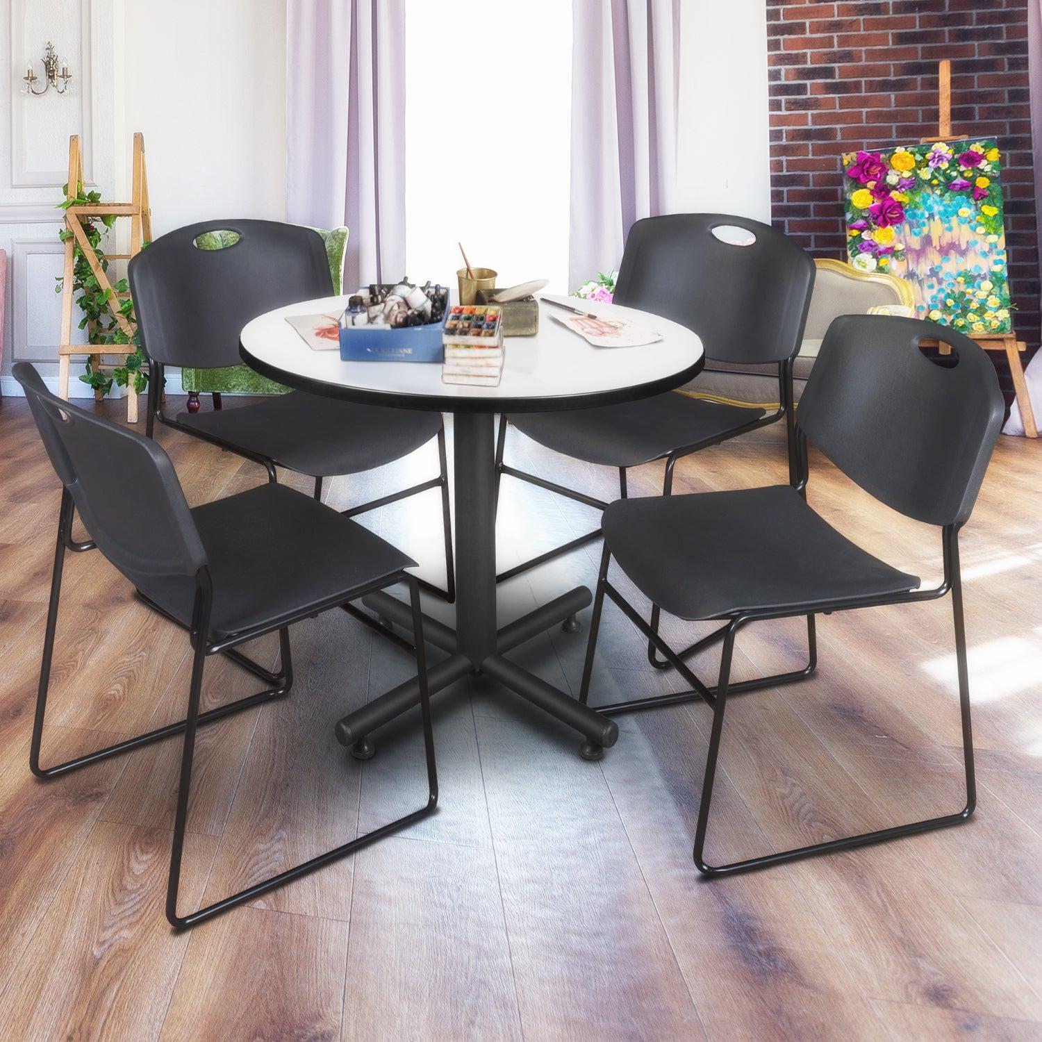 Kobe Round Breakroom Table and Chair Package, Kobe 36" Round X-Base Breakroom Table with 4 Zeng Stack Chairs