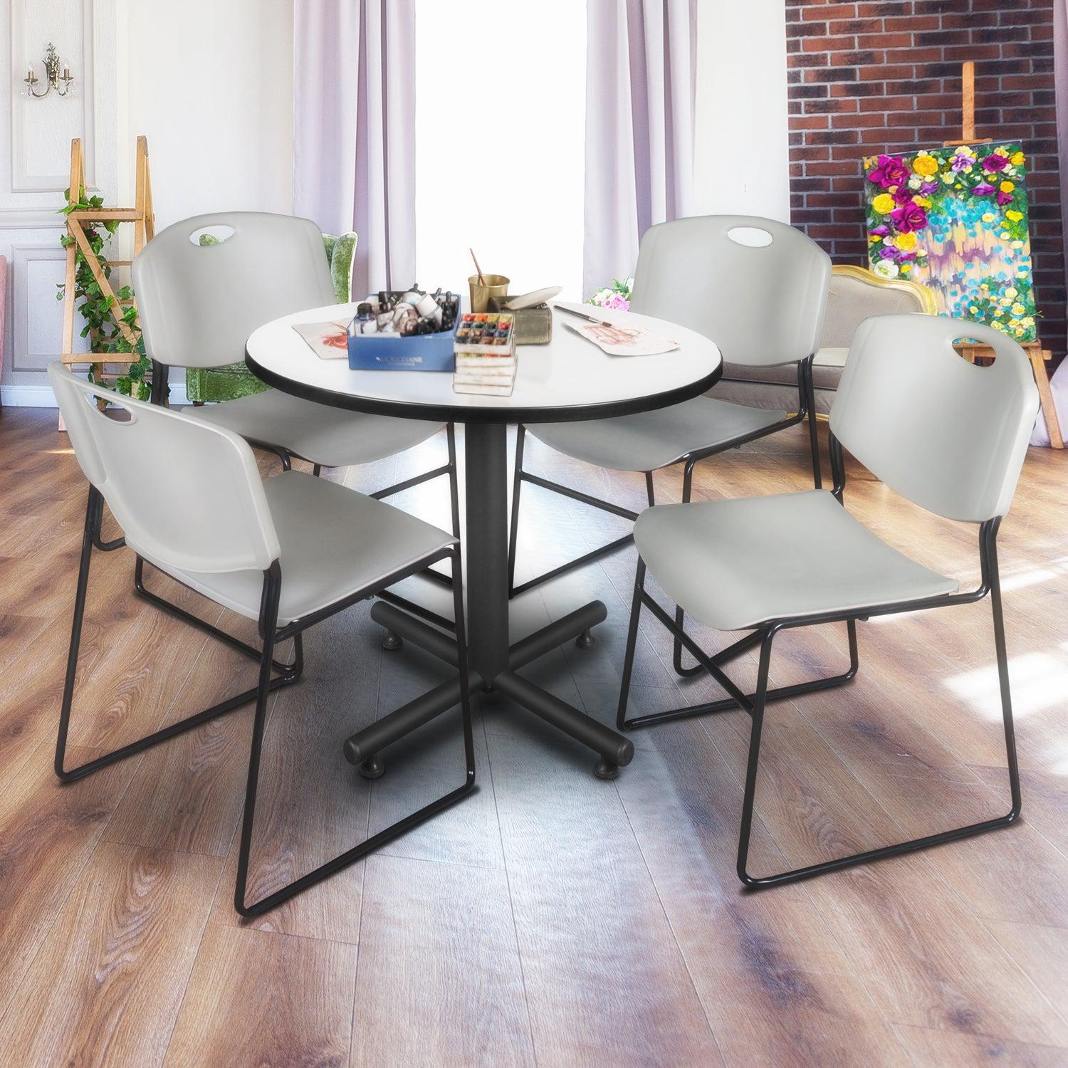 Kobe Round Breakroom Table and Chair Package, Kobe 42" Round X-Base Breakroom Table with 4 Zeng Stack Chairs