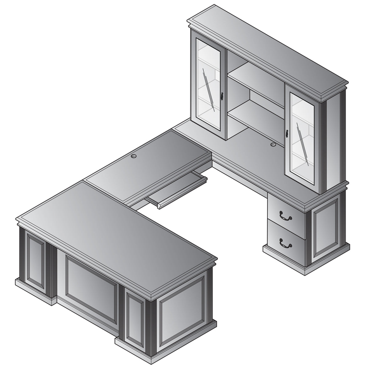 Townsend Traditional U-Shape Desk with Right Bridge and Hutch, 72" x 108"