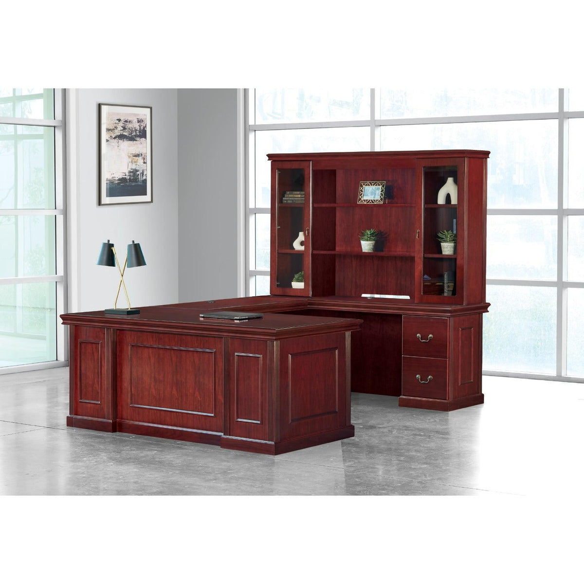 Townsend Traditional U-Shape Desk with Right Bridge and Hutch, 72" x 108"
