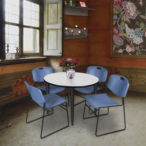 Kahlo Round Breakroom Table and Chair Package, 36" Round Kahlo Tapered Leg Breakroom Table with 4 Zeng Stack Chairs