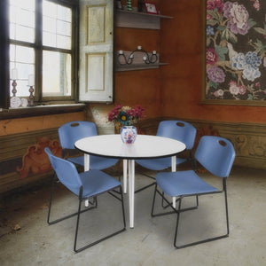 Kahlo Round Breakroom Table and Chair Package, 48" Round Kahlo Tapered Leg Breakroom Table with 4 Zeng Stack Chairs