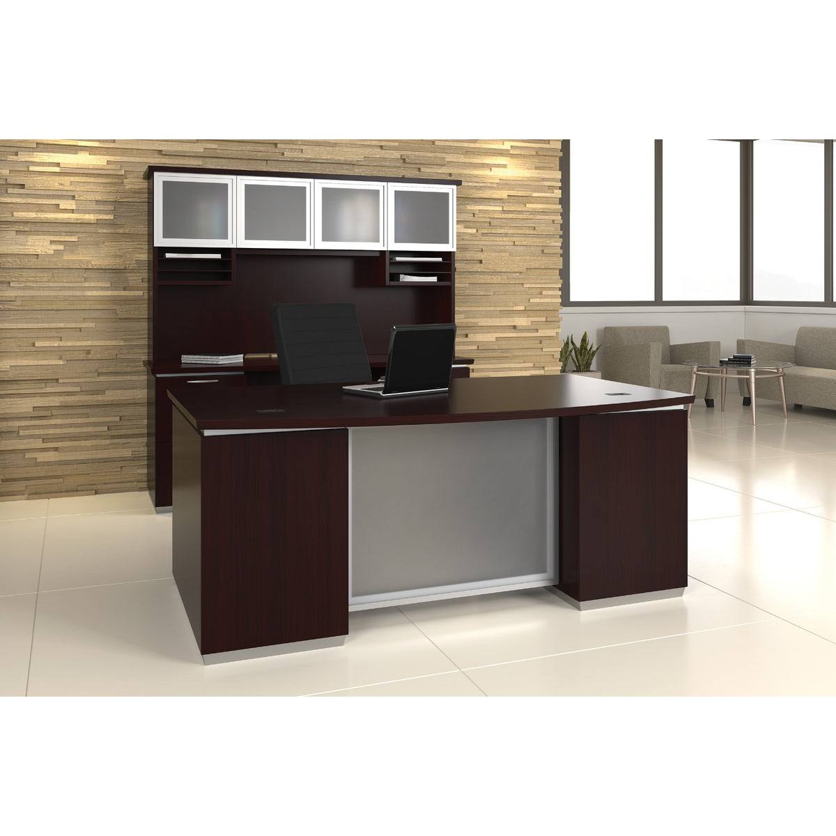 Tuxedo Bow Front Double Pedestal Desk with Credenza and Glass Door Hutch