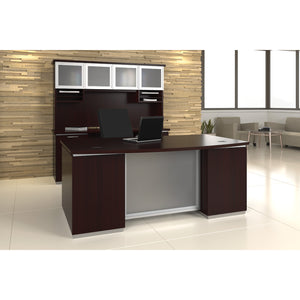 Tuxedo Bow Front Double Pedestal Desk with Credenza and Glass Door Hutch