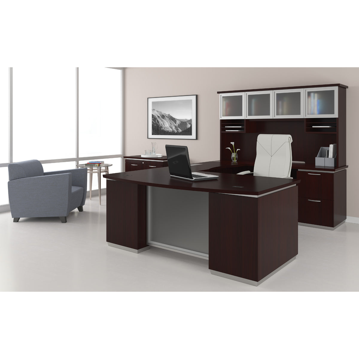 Tuxedo U-Shape with Bridge on Right and Glass Door Hutch, 72" x 114"