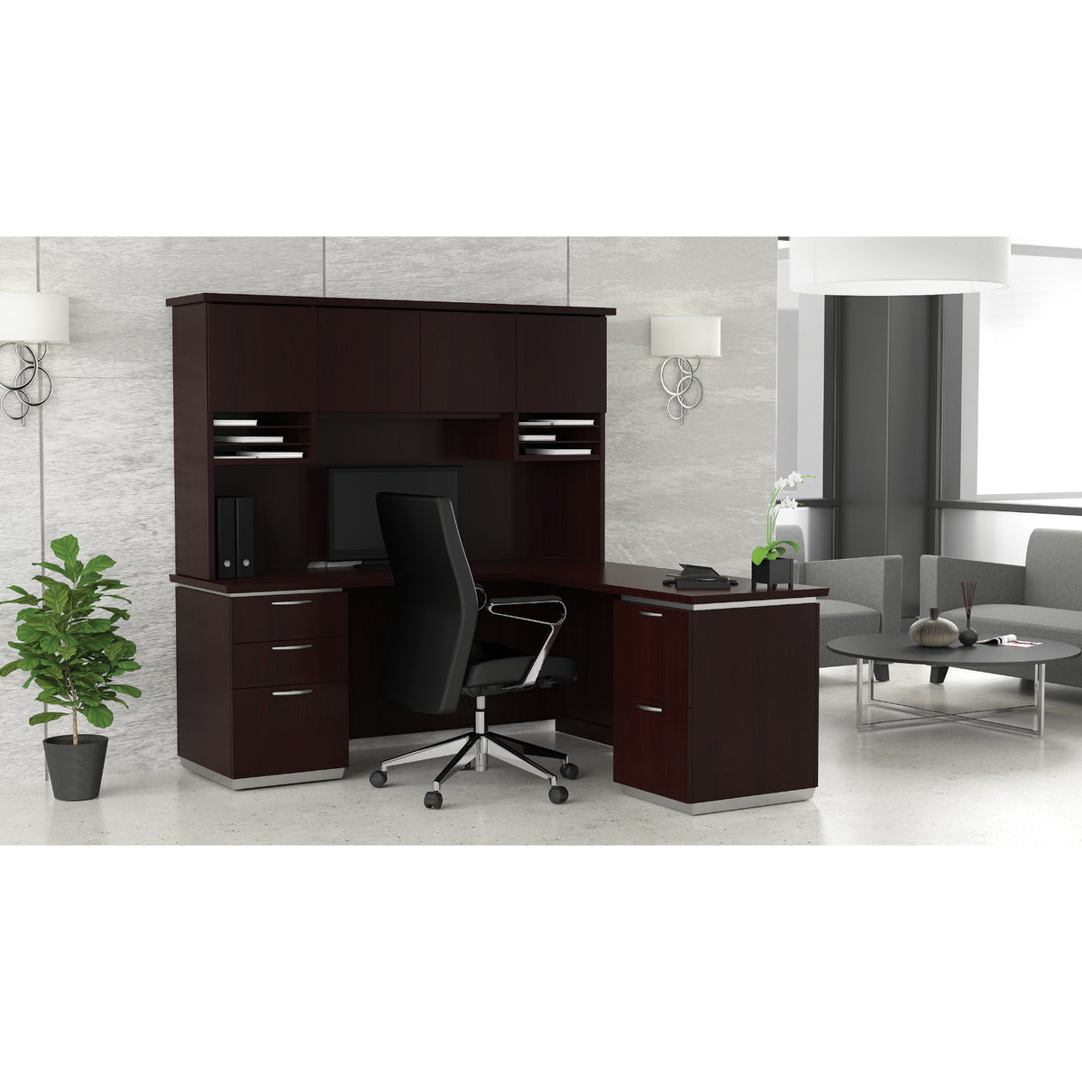Tuxedo L-Shape with Right Return and Wood Door Hutch, 72" x 72"