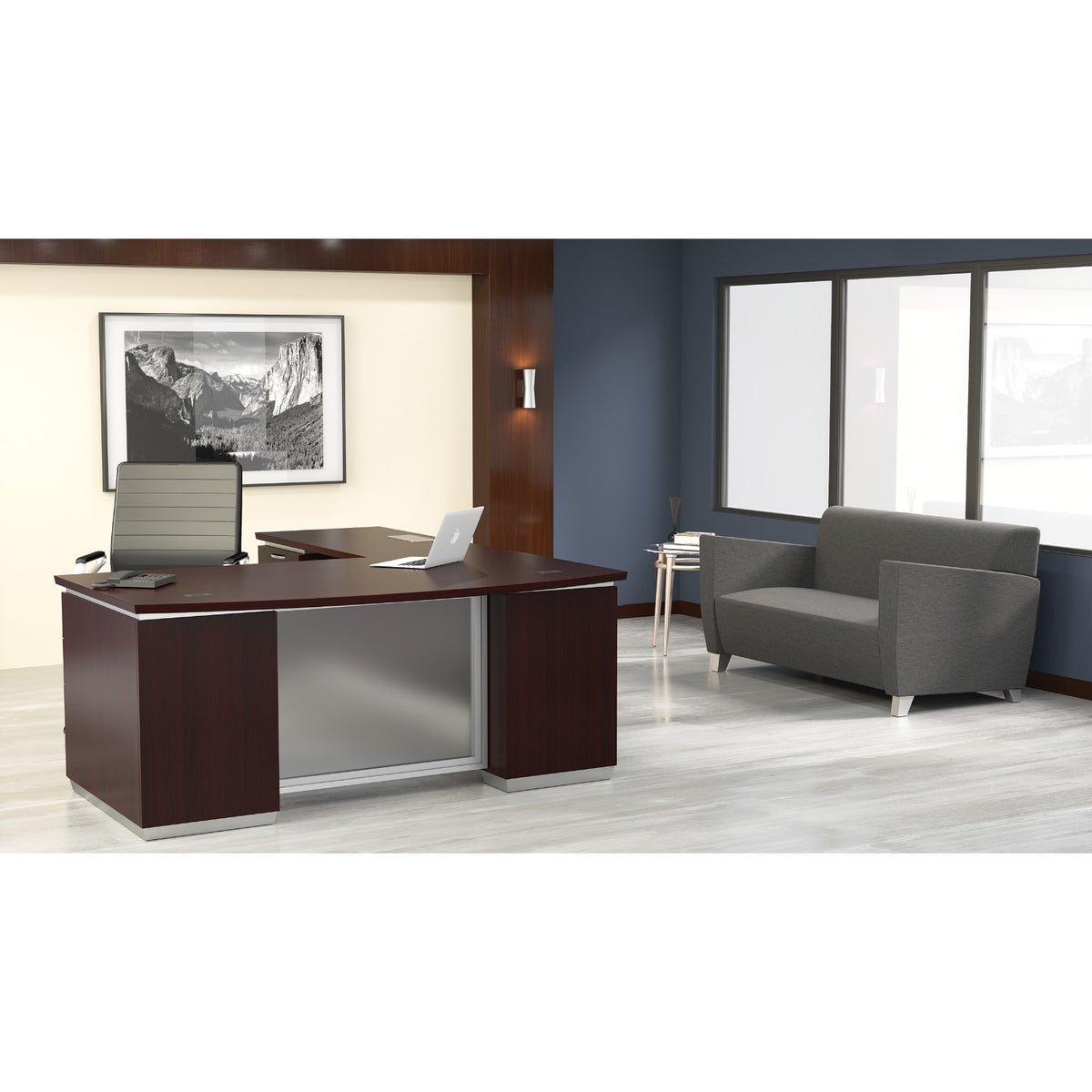 Tuxedo L-Shape with Bow Front Desk and Left Return, 72" x 90"