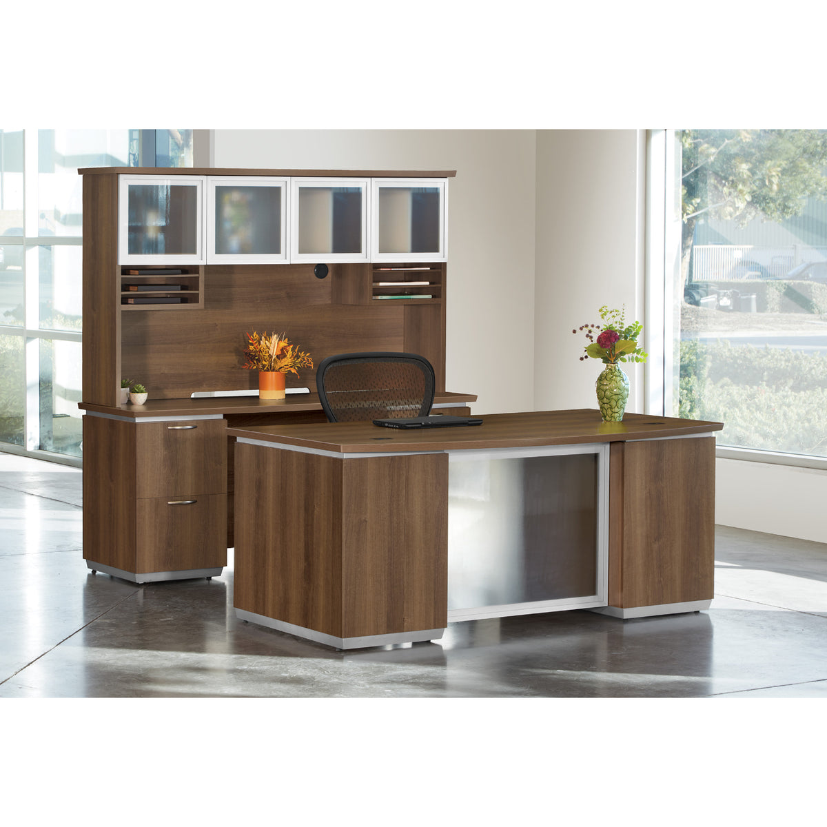 Tuxedo Bow Front Double Pedestal Desk with Credenza and Glass Door Hutch