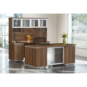Tuxedo Bow Front Double Pedestal Desk with Credenza and Glass Door Hutch