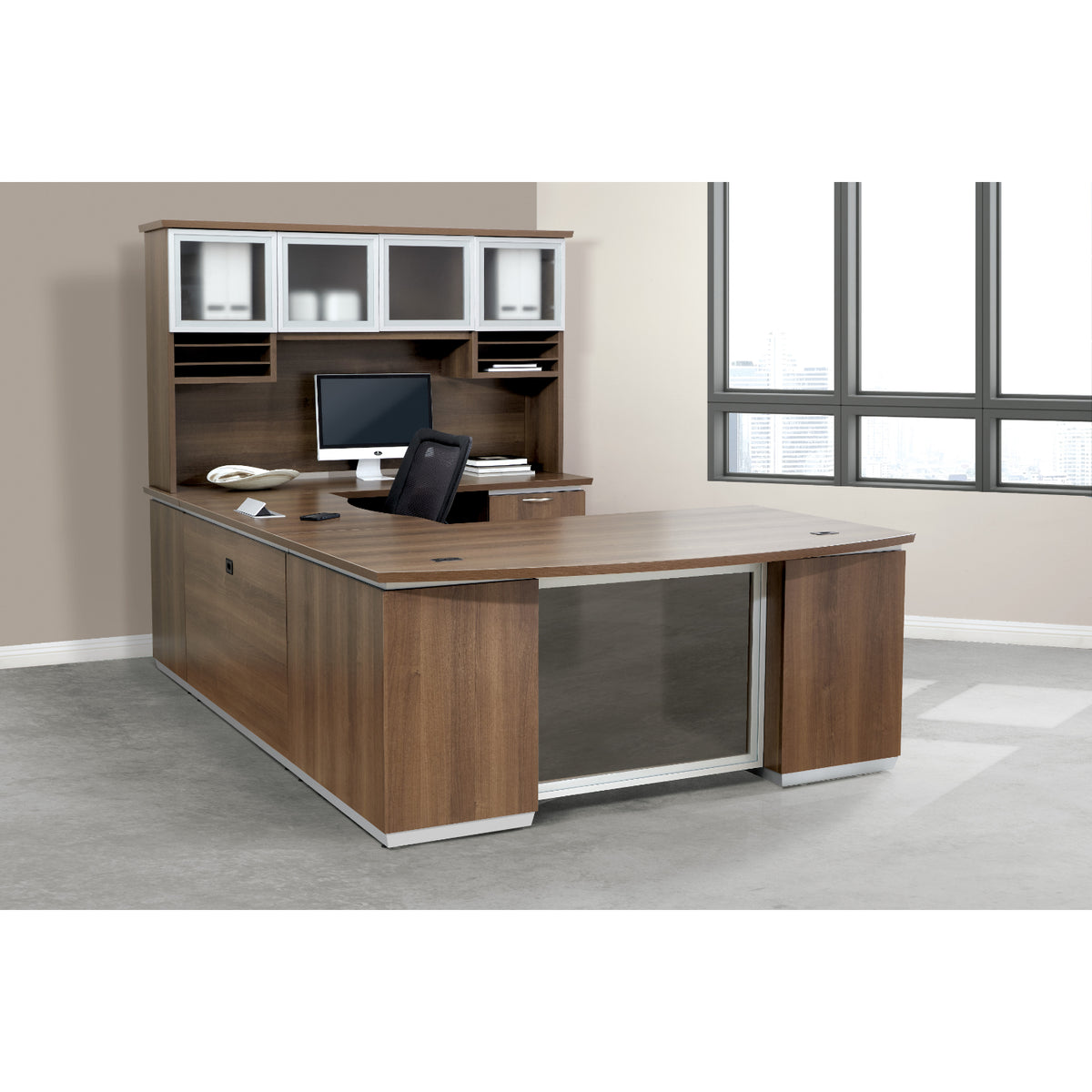 Tuxedo U-Shape with Bridge on Right and Glass Door Hutch, 72" x 114"