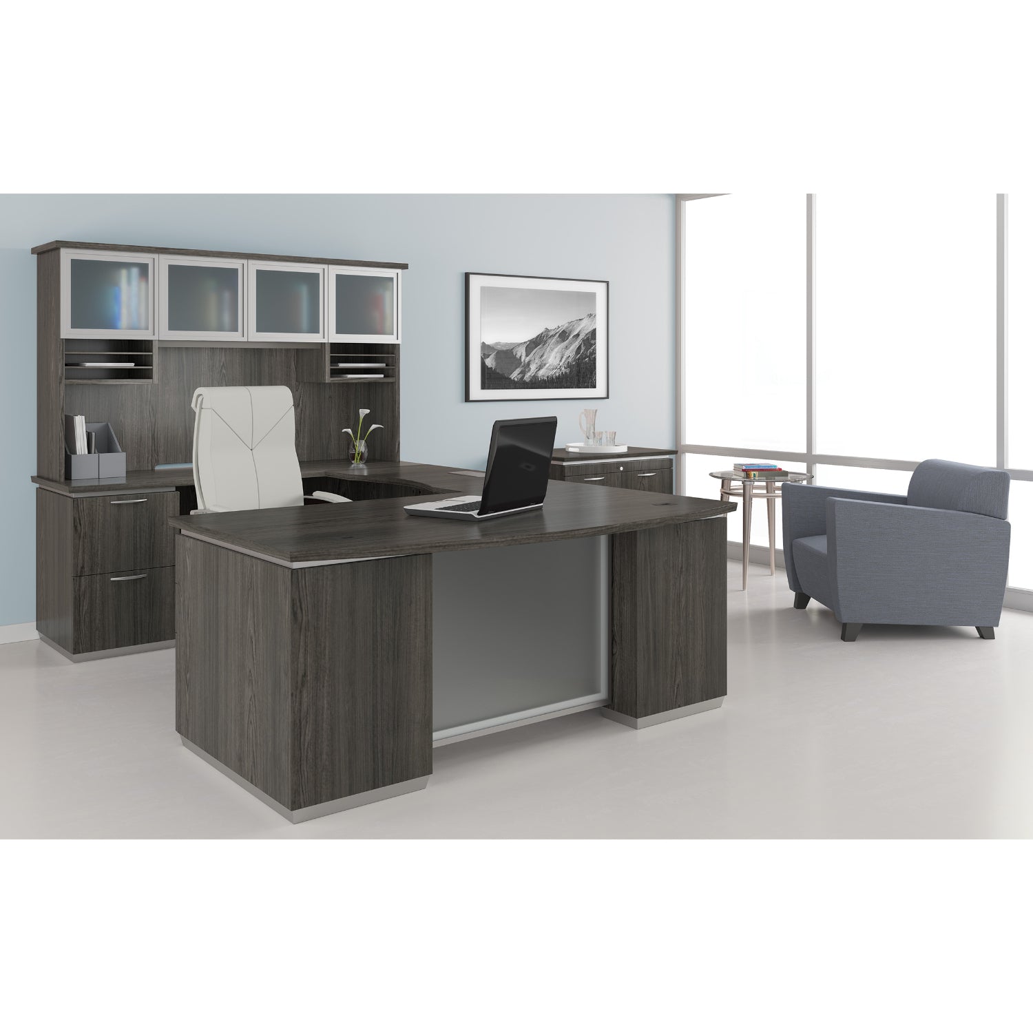 Tuxedo U-Shape with Bridge on Left and Glass Door Hutch, 72" x 114"