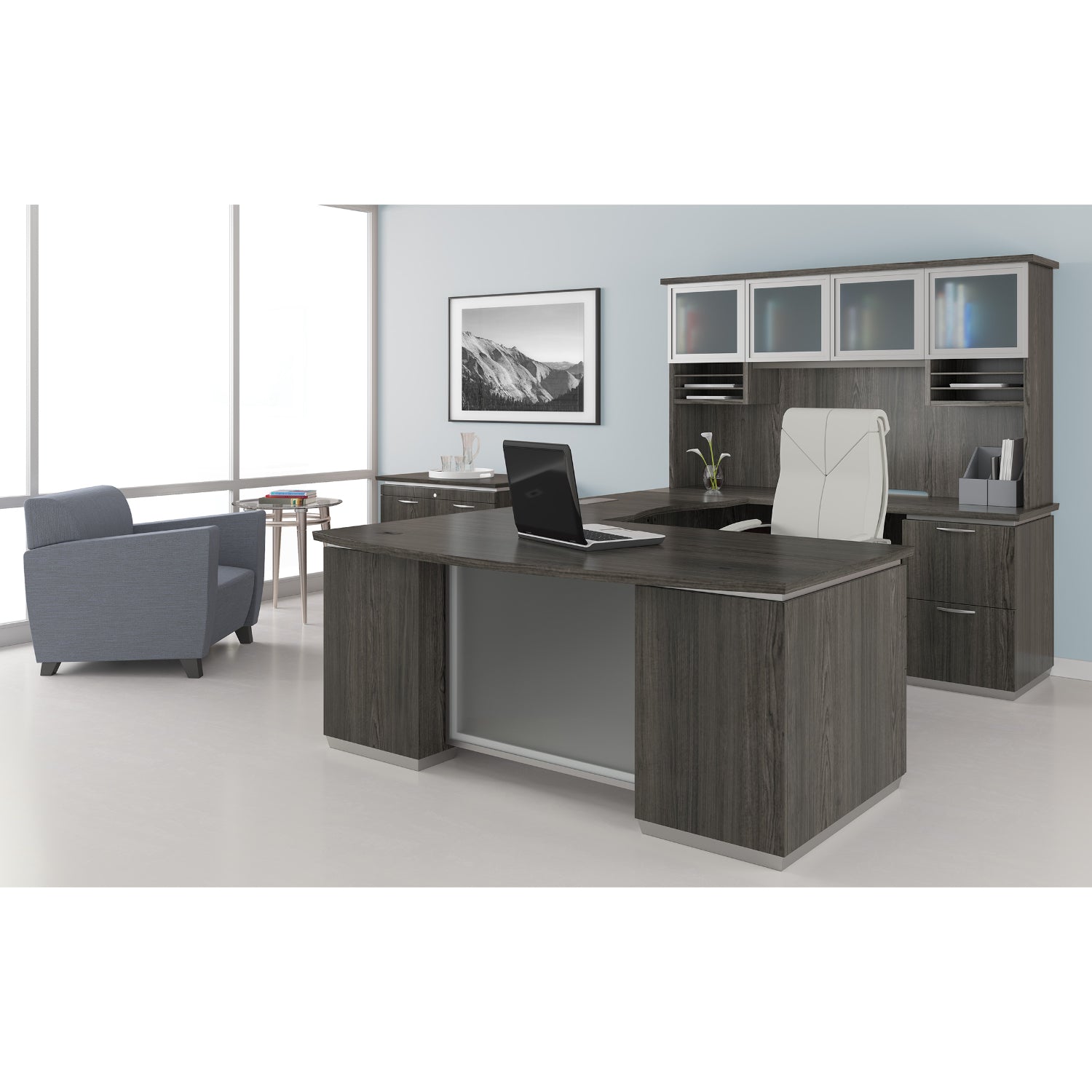 Tuxedo U-Shape with Bridge on Right and Glass Door Hutch, 72" x 114"