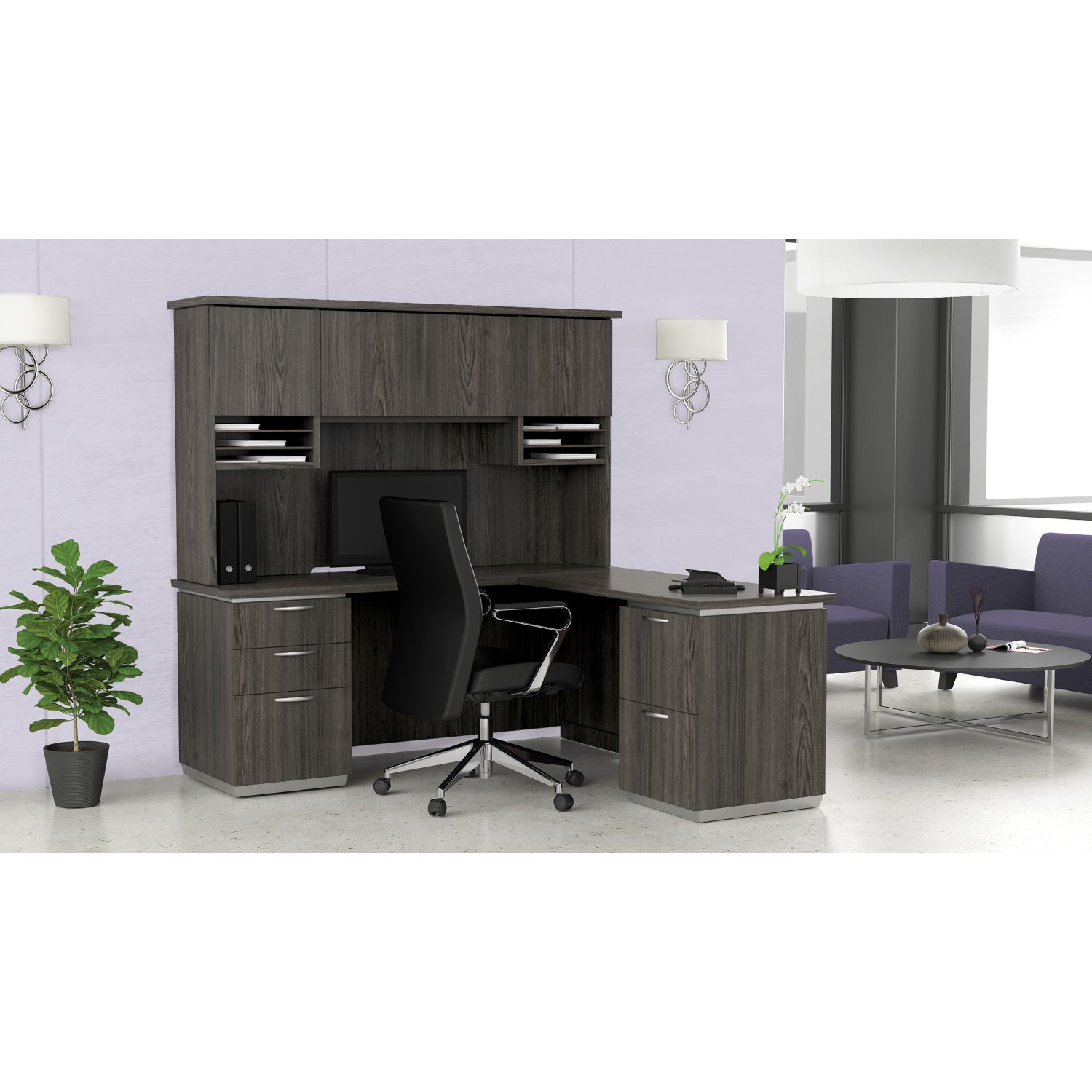 Tuxedo L-Shape with Right Return and Wood Door Hutch, 72" x 72"