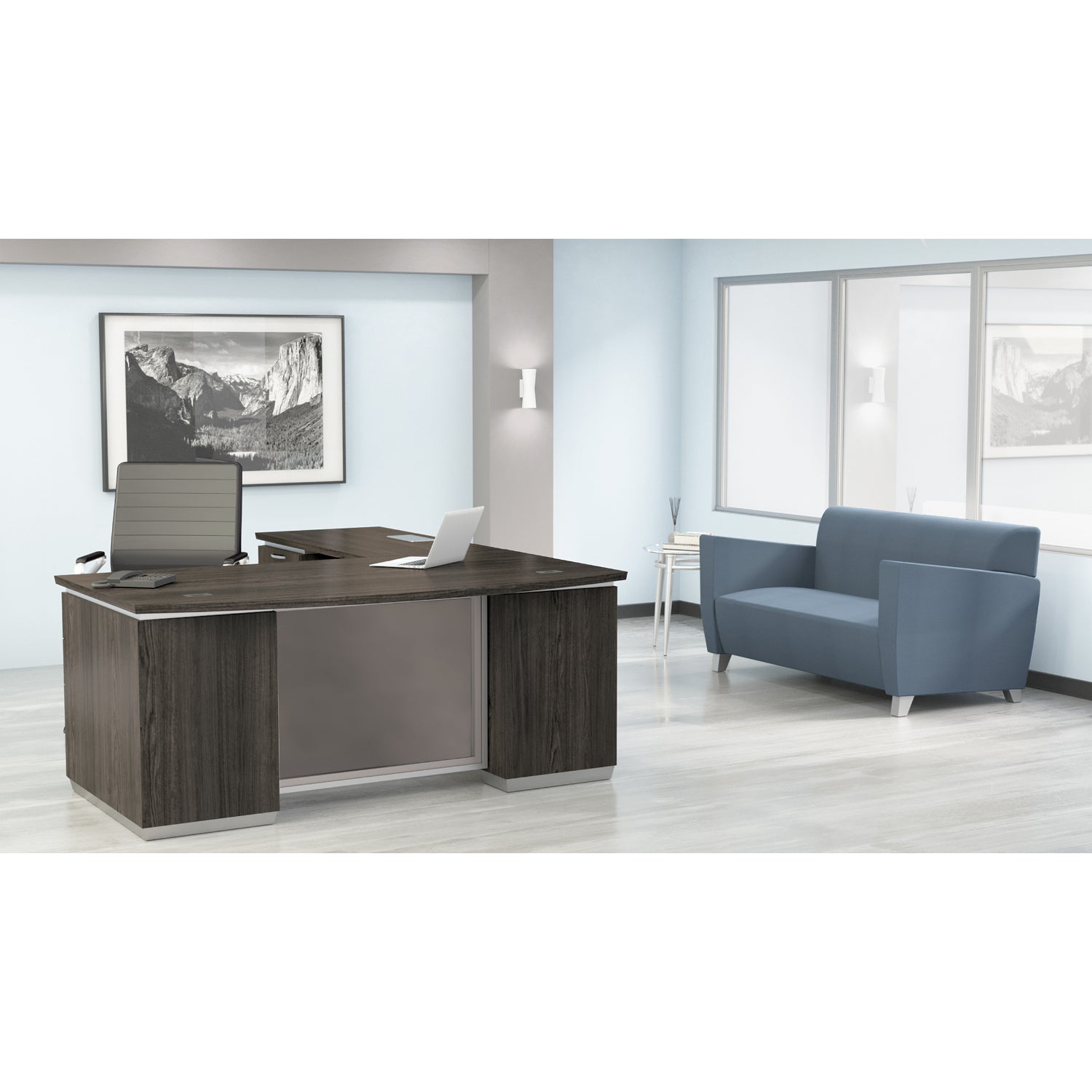 Tuxedo L-Shape with Bow Front Desk and Left Return, 72" x 90"
