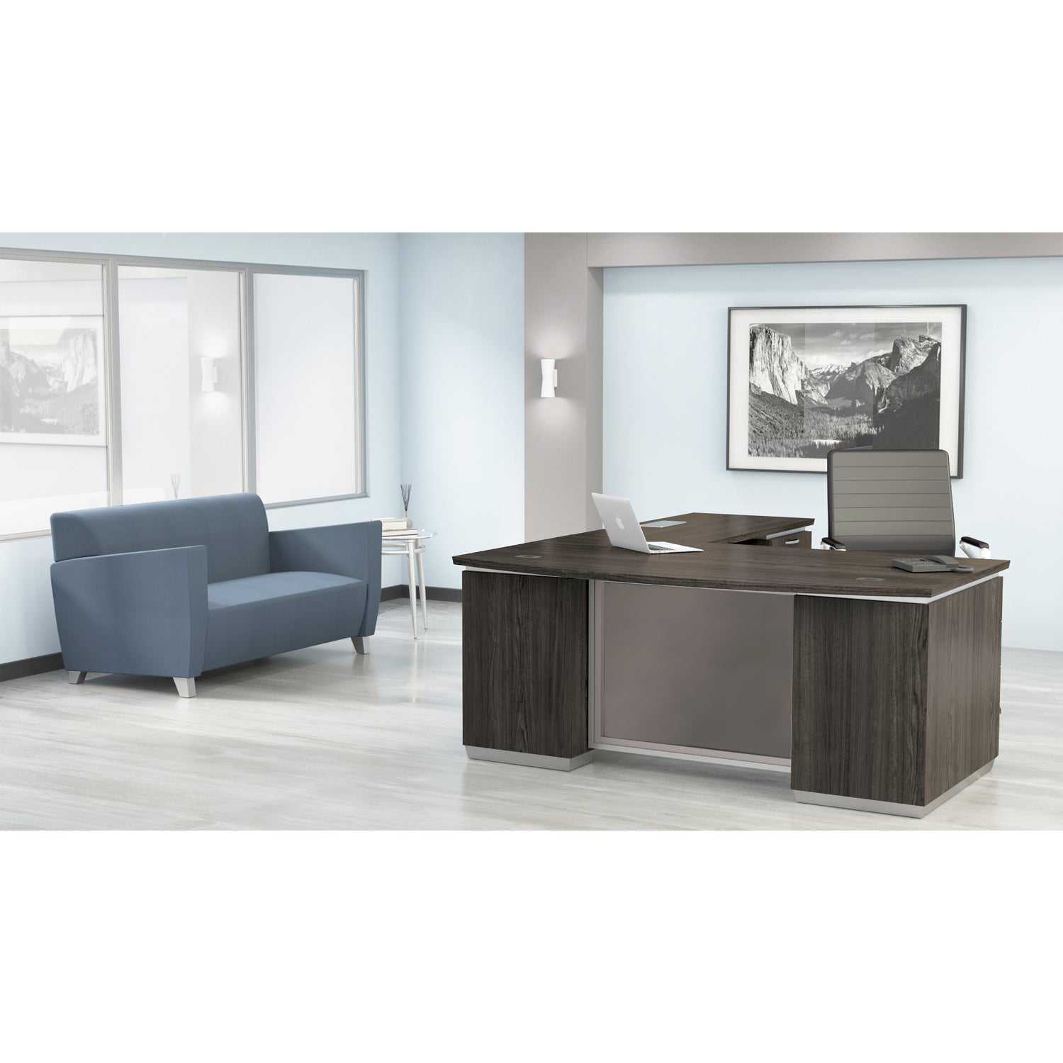 Tuxedo L-Shape with Bow Front Desk and Right Return, 72" x 90"