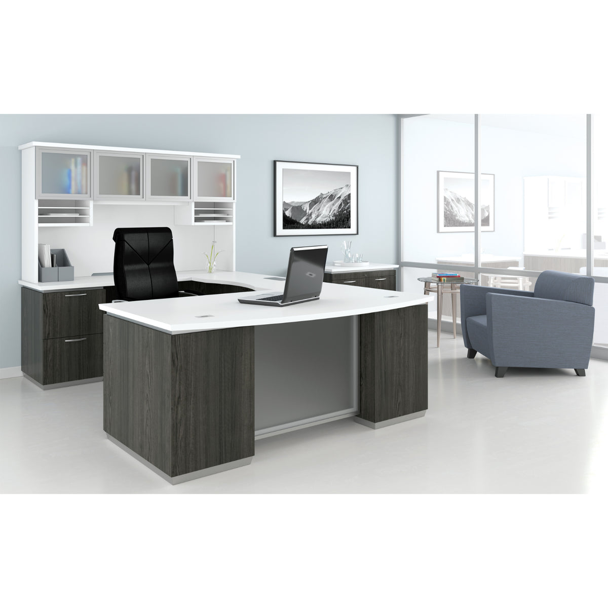 Tuxedo U-Shape with Bridge on Left and Glass Door Hutch, 72" x 114"
