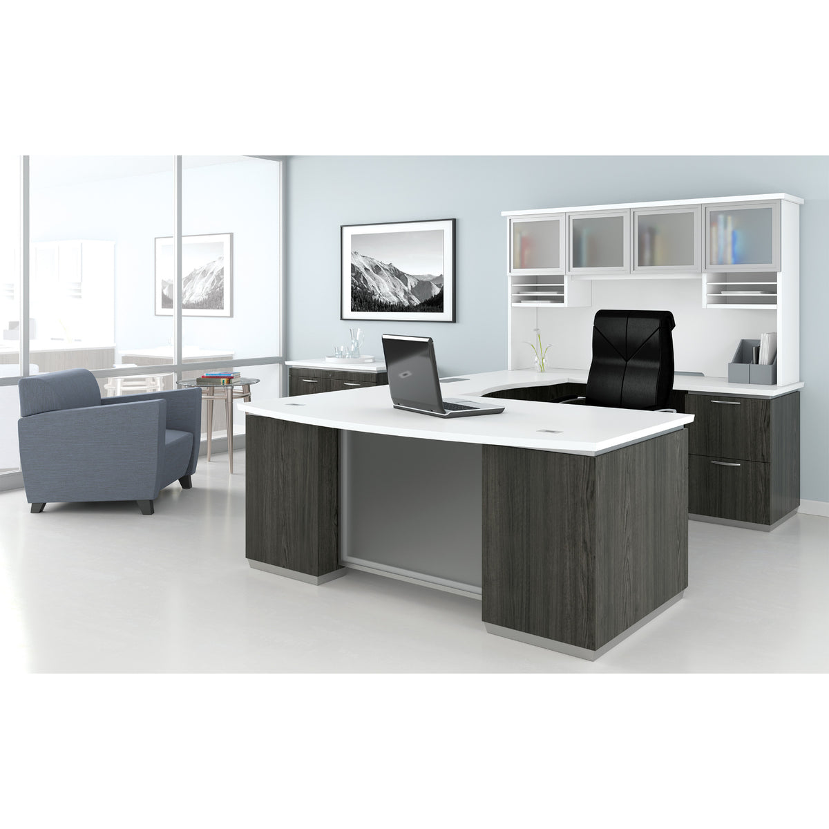 Tuxedo U-Shape with Bridge on Right and Glass Door Hutch, 72" x 114"