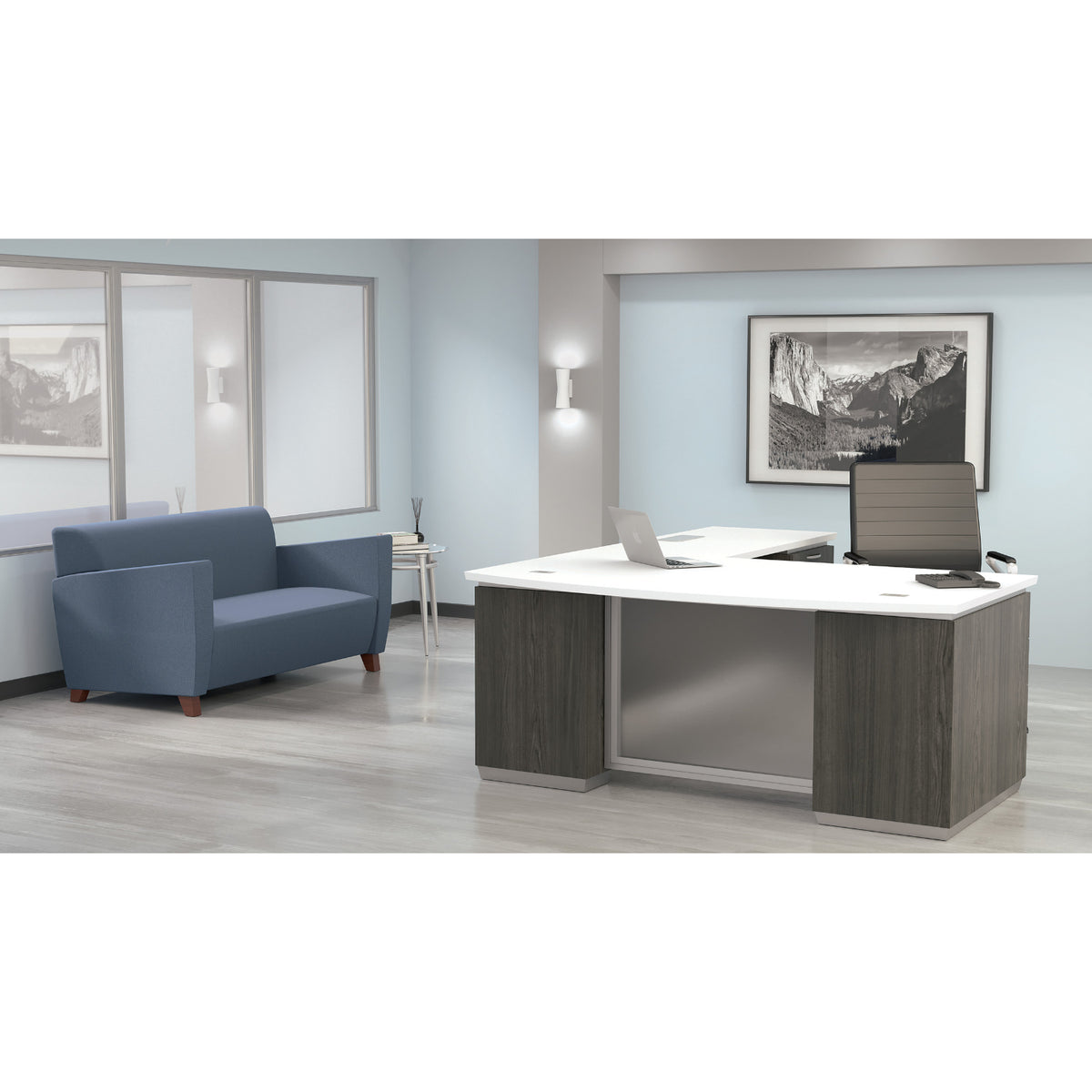 Tuxedo L-Shape with Bow Front Desk and Right Return, 72" x 90"