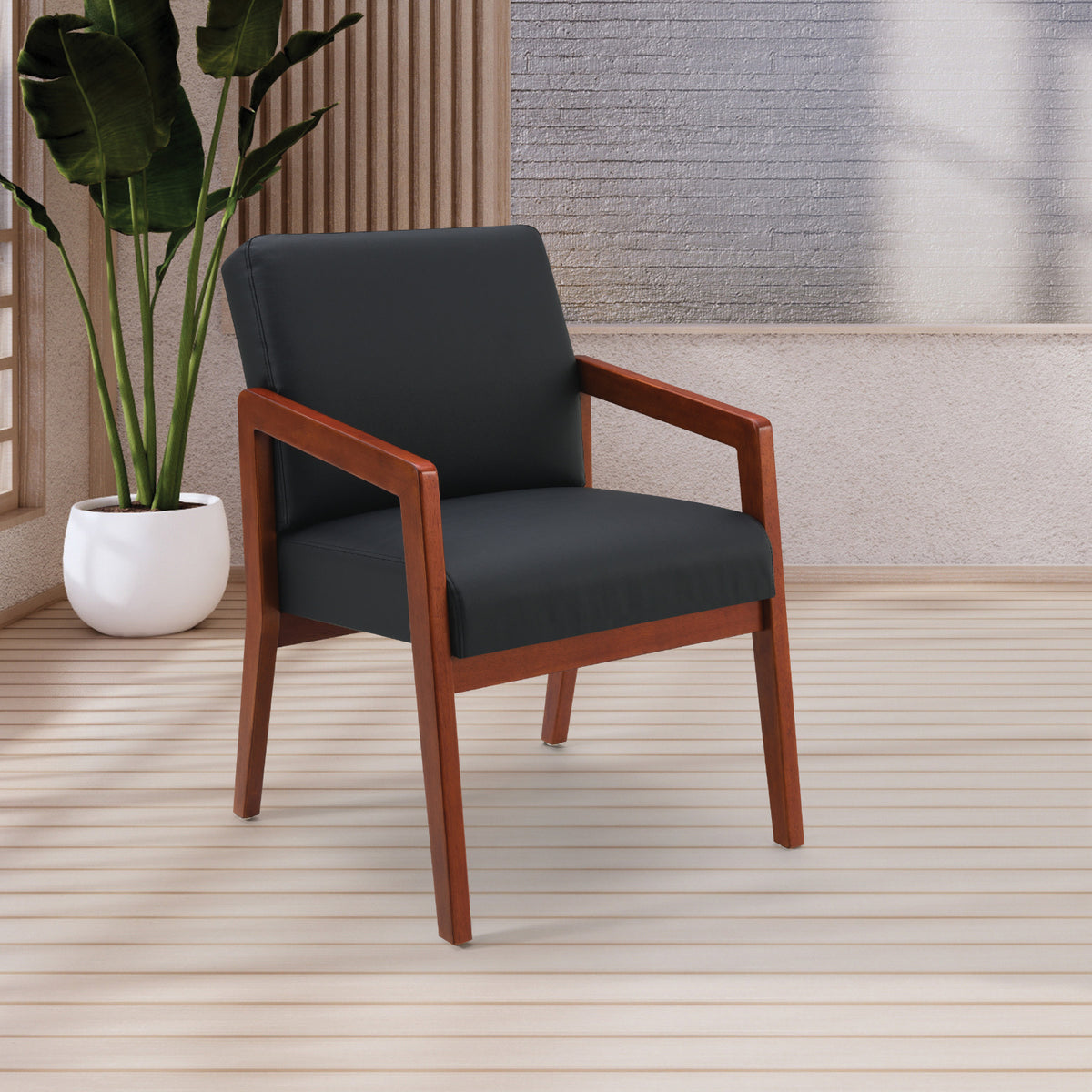 Cherry Finish Visitor's Chair with Memory Foam Seat, Black Faux Leather Upholstery