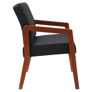 Cherry Finish Visitor's Chair with Memory Foam Seat, Black Faux Leather Upholstery