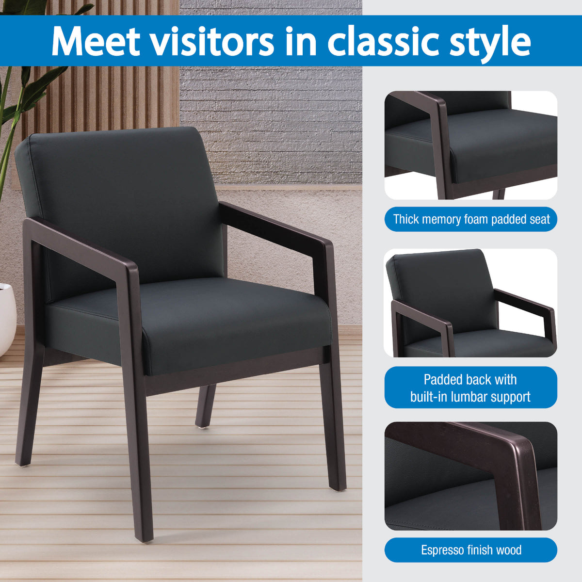 Espresso Finish Visitor's Chair with Memory Foam Seat, Silver Ion Technology Dillon Fabric Upholstery
