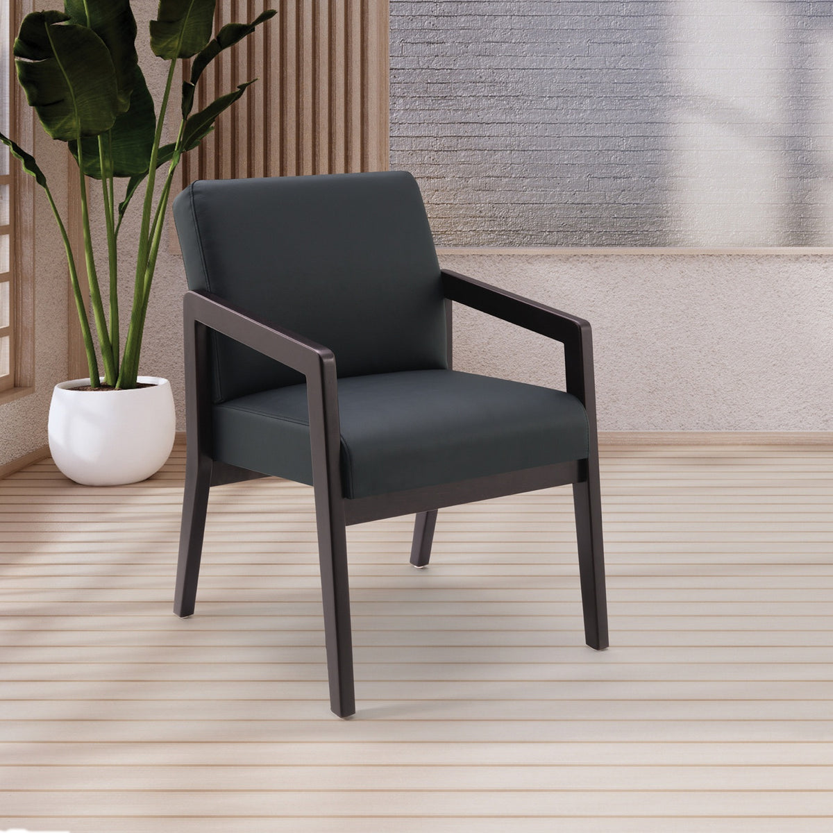 Espresso Finish Visitor's Chair with Memory Foam Seat, Black Faux Leather Upholstery