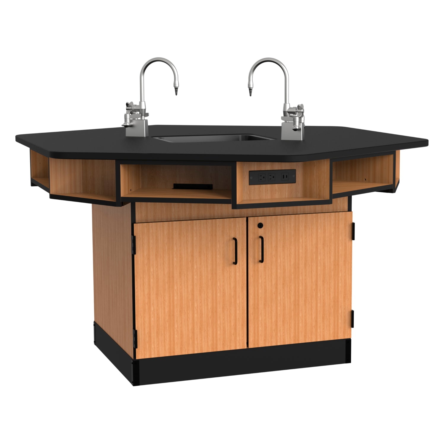 Hexagon 6-Person Science Workstation, Phenolic Top, Book Boxes, Power Strips, Epoxy Sink and Gas Fixtures