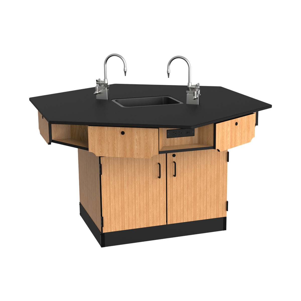 Hexagon 6-Person Science Workstation, Phenolic Top, Drawers, Power Strips, Epoxy Sink and Gas Fixtures