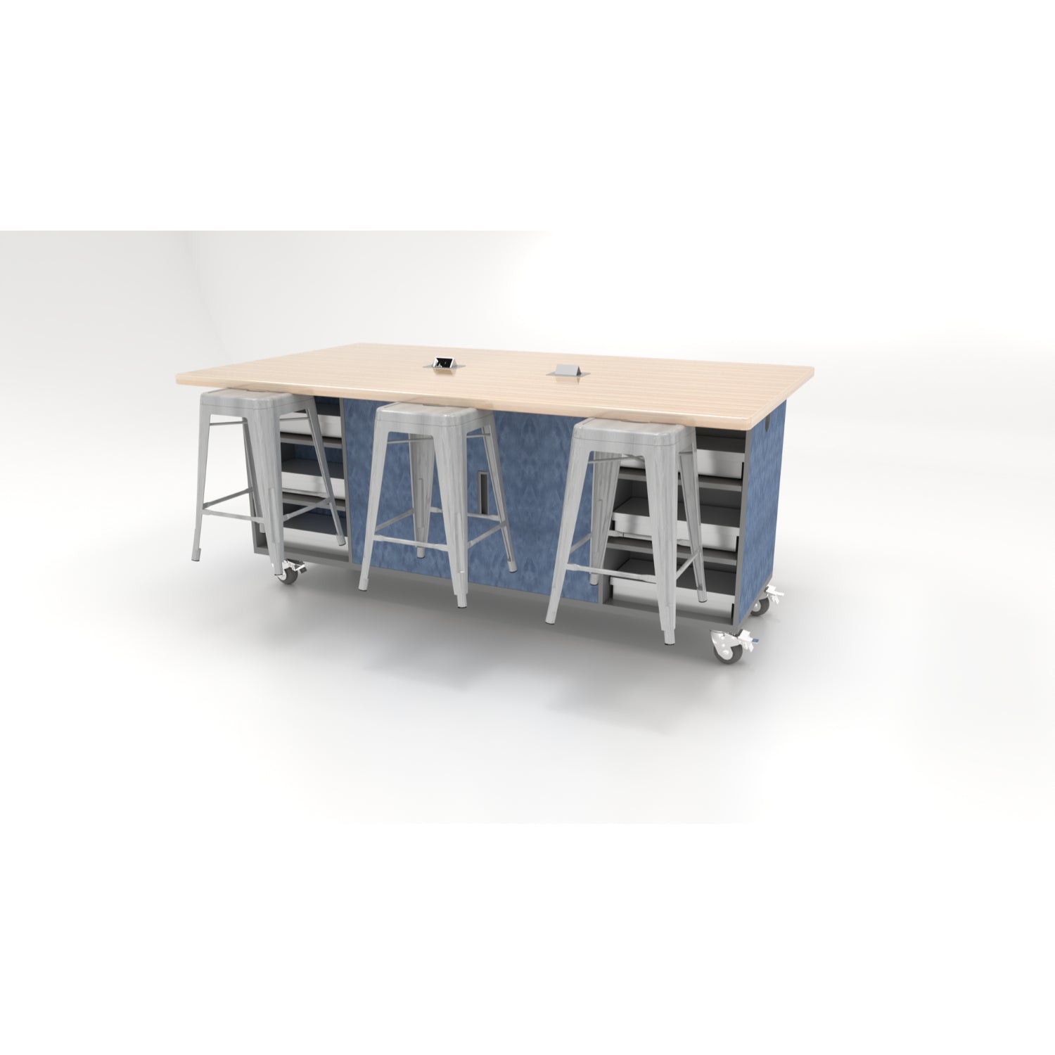 CEF Ed Double Storage Table with 6 Stools and Extra Storage, Maple Butcher Block Top, 36" H