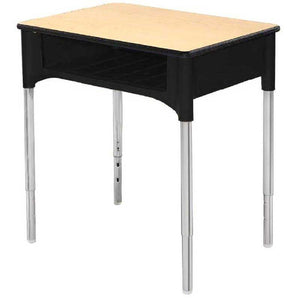 Capella Adjustable Height Desk, 18" x 24" Maple Top with Black Dura Edge, Chrome Frame, Black Bookbox - QUICK SHIP