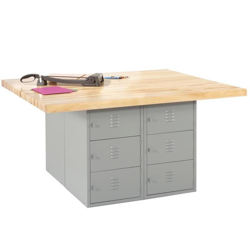 Four-Station Steel Workbench with 12 Horizontal Locker Openings